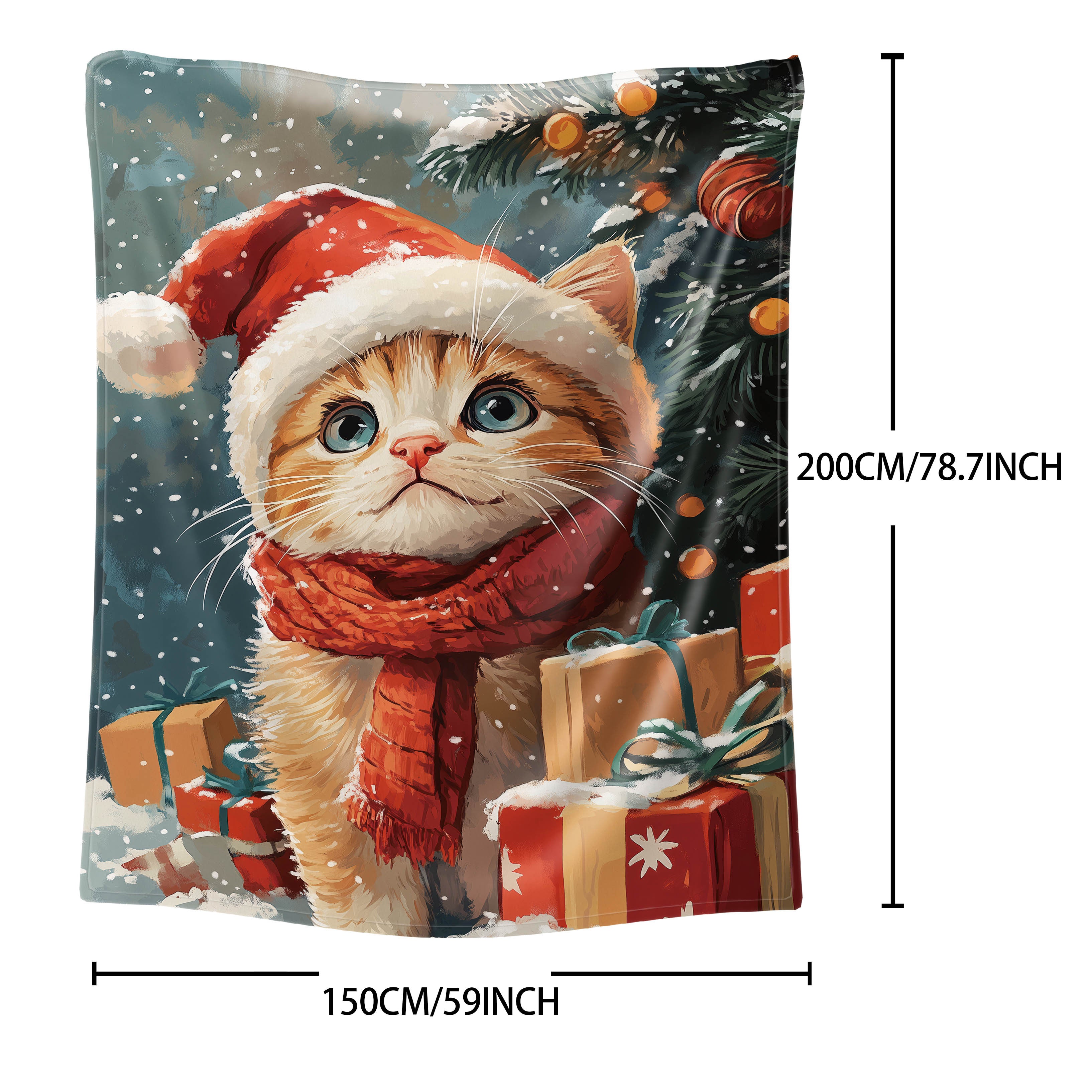 Christmas Cat Flannel Throw Blanket with Festive Gift and Tree Design for Bed Sofa or Office