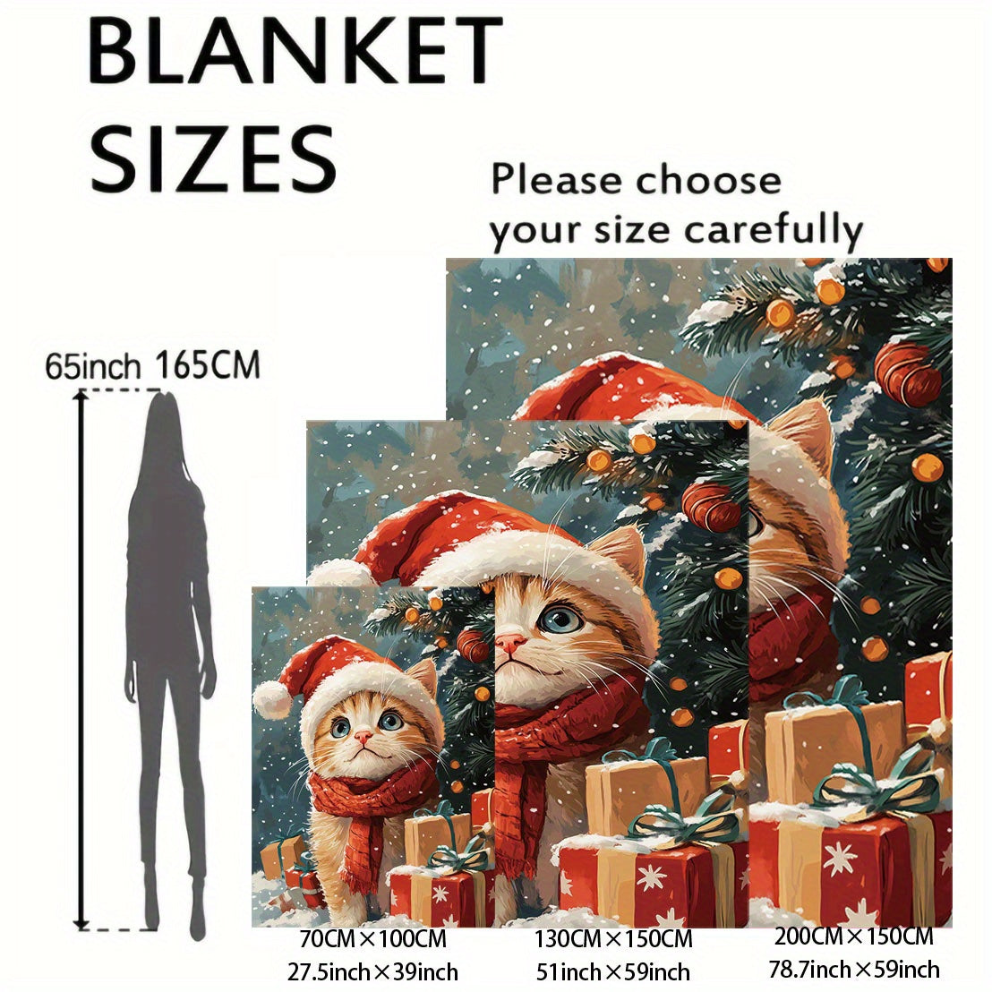 Christmas Cat Flannel Throw Blanket with Festive Gift and Tree Design for Bed Sofa or Office