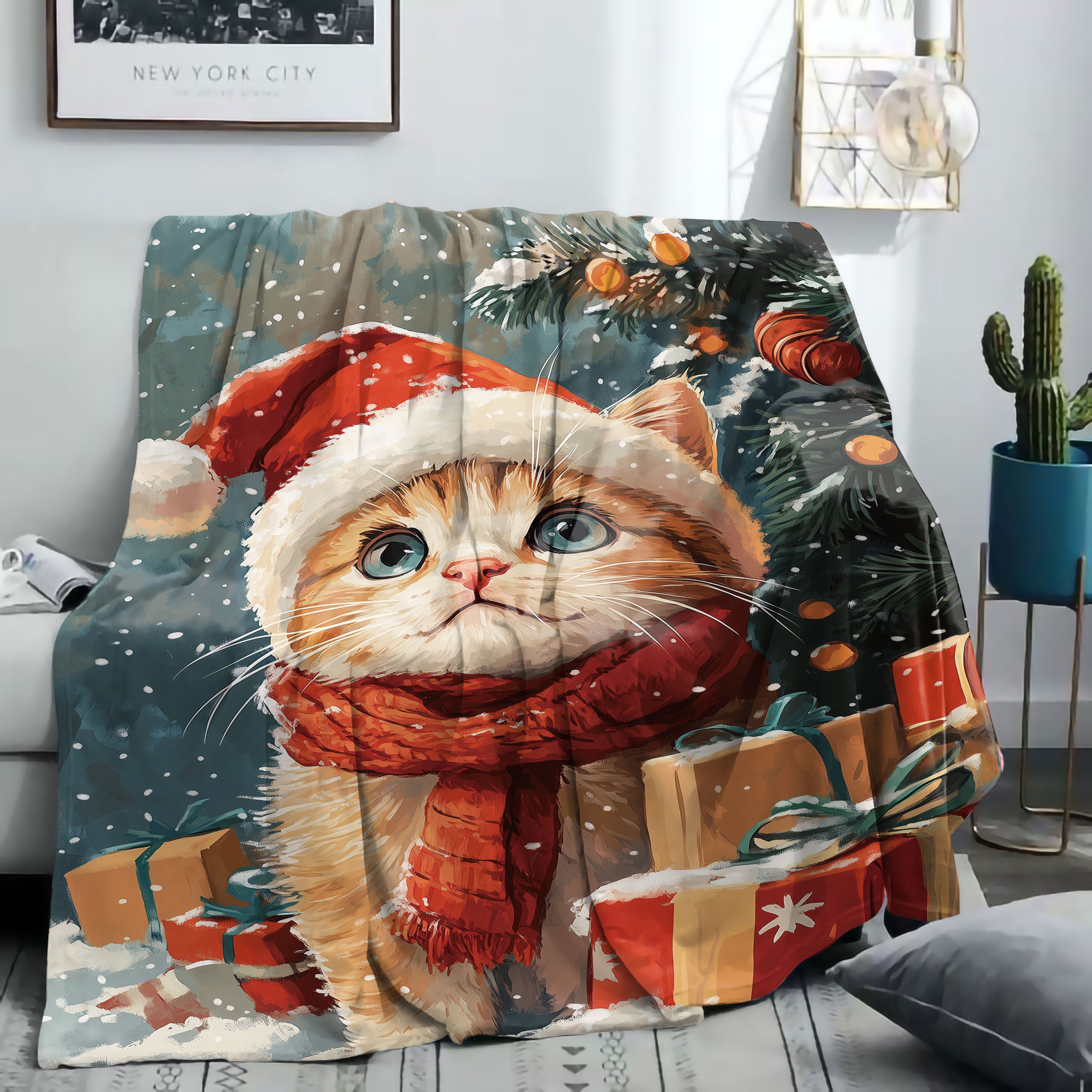Christmas Cat Flannel Throw Blanket with Festive Gift and Tree Design for Bed Sofa or Office