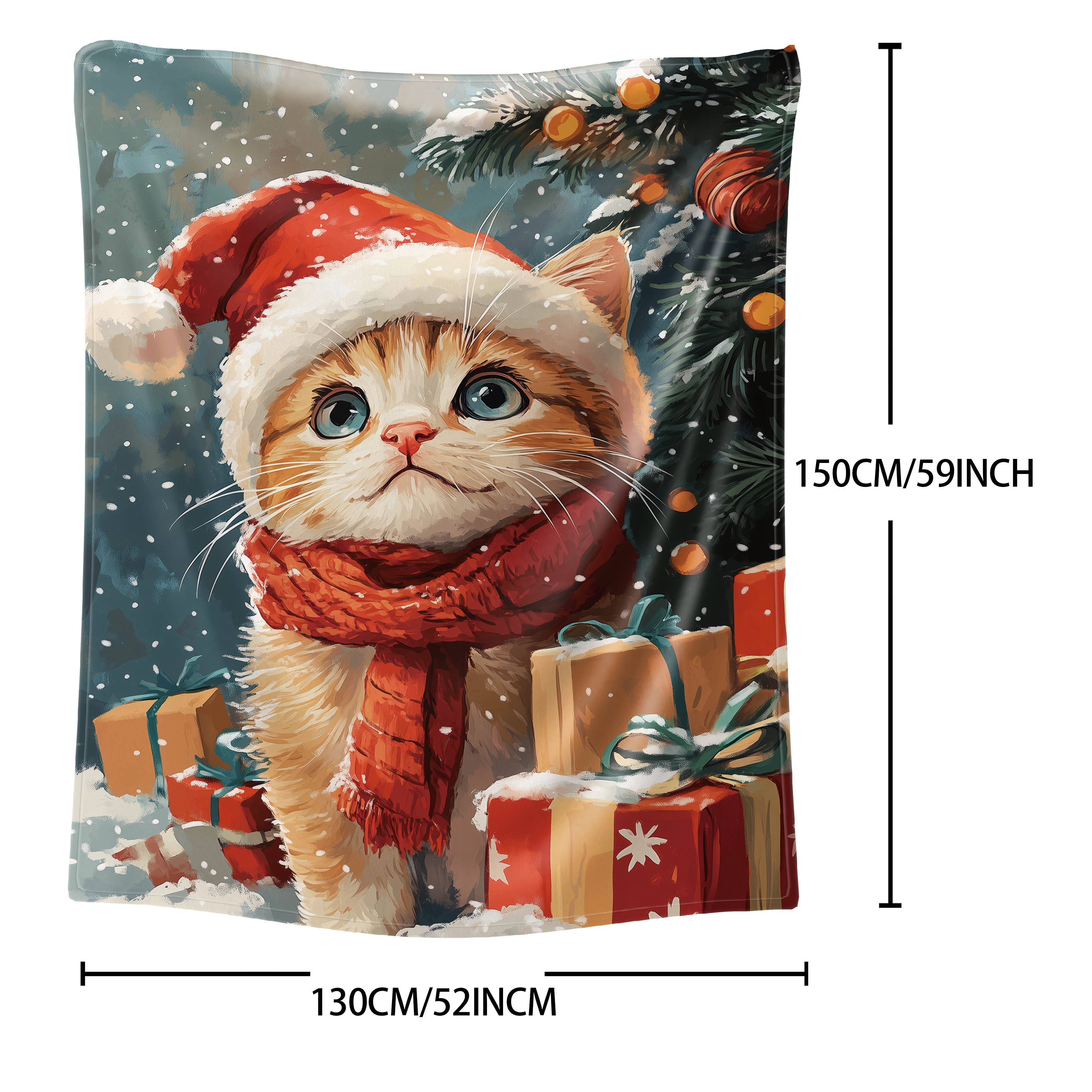Christmas Cat Flannel Throw Blanket with Festive Gift and Tree Design for Bed Sofa or Office