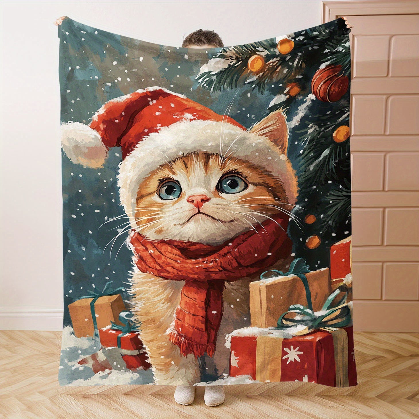 Christmas Cat Flannel Throw Blanket with Festive Gift and Tree Design for Bed Sofa or Office