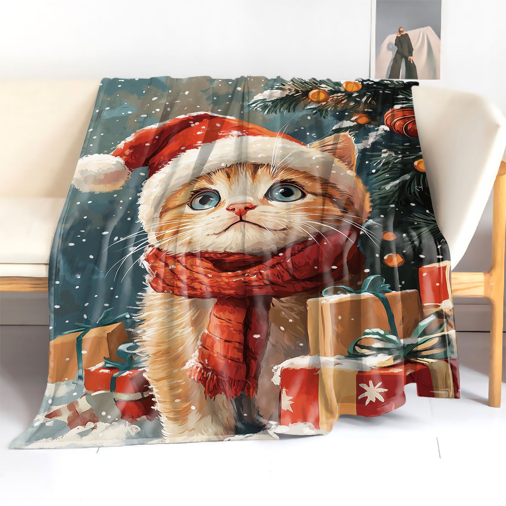 Christmas Cat Flannel Throw Blanket with Festive Gift and Tree Design for Bed Sofa or Office