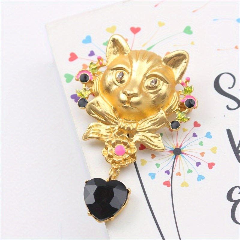 Rangli toshlar va emal bilan mushuk brosh, vintage uslub, qish va kuz aksessuari