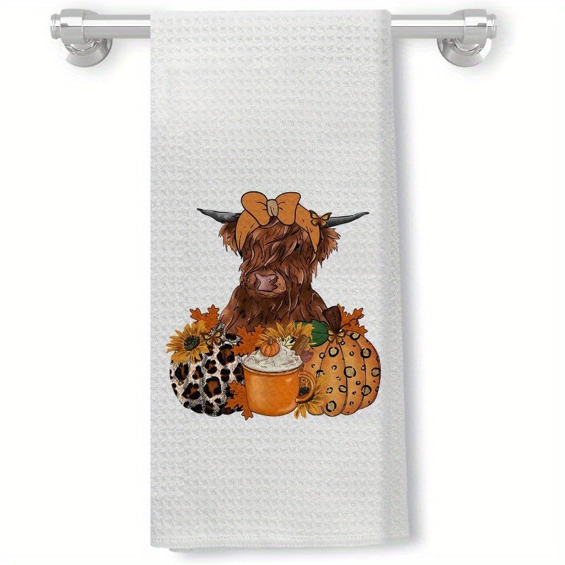 Autumn Kitchen Towel Cow Leopard Print Pumpkins Coffee Maple Leaves Decor