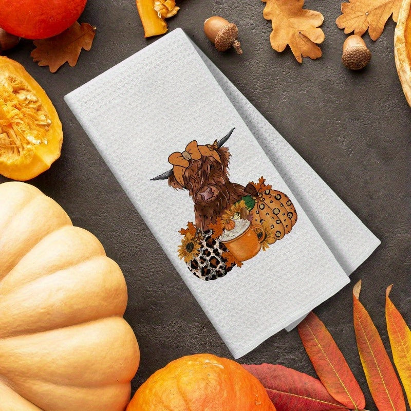 Autumn Kitchen Towel Cow Leopard Print Pumpkins Coffee Maple Leaves Decor