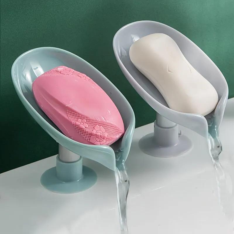 Triangle-Shaped Leaf Design Soap Dish with Suction Cup Water-Draining Bathroom Accessory