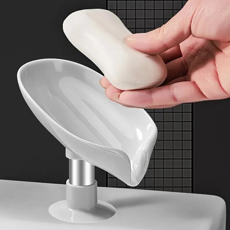 Triangle-Shaped Leaf Design Soap Dish with Suction Cup Water-Draining Bathroom Accessory