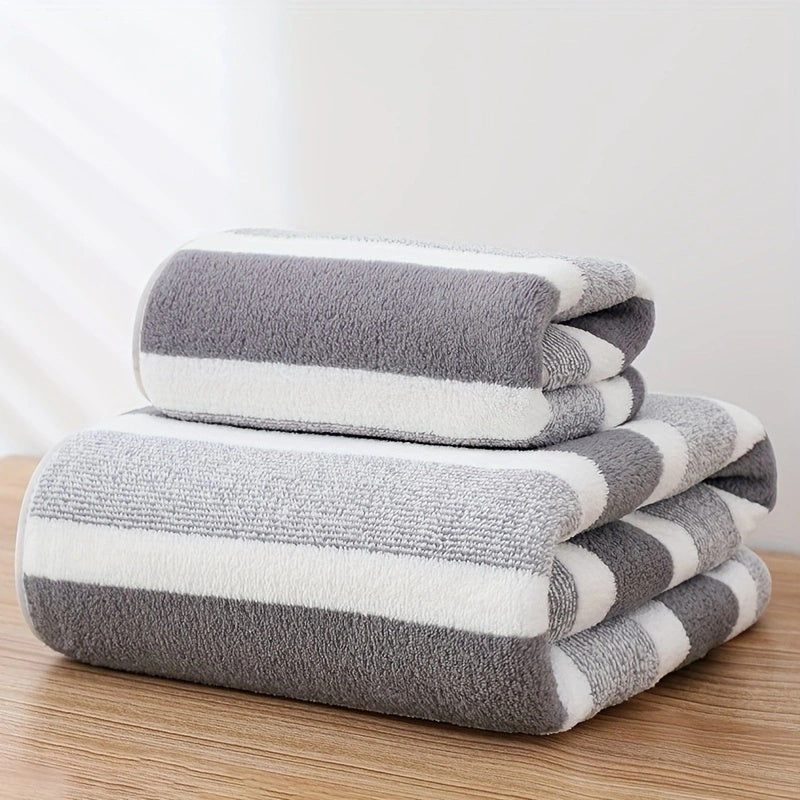 Modern Stripe Pattern Towel Set Includes Bath and Hand Towels Quick Dry Absorbent Household Use
