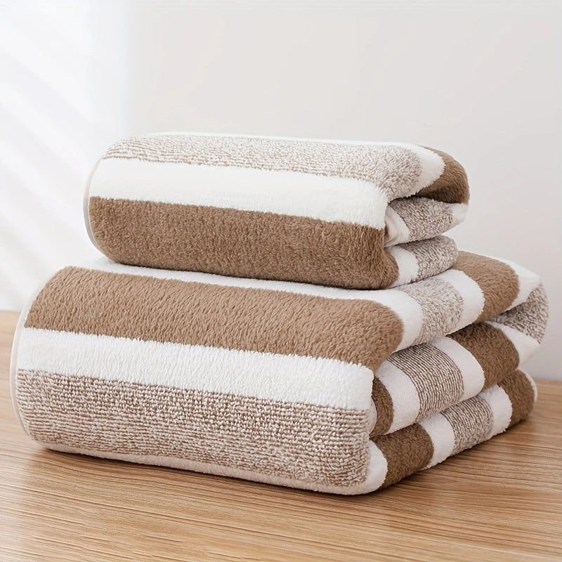 Modern Stripe Pattern Towel Set Includes Bath and Hand Towels Quick Dry Absorbent Household Use