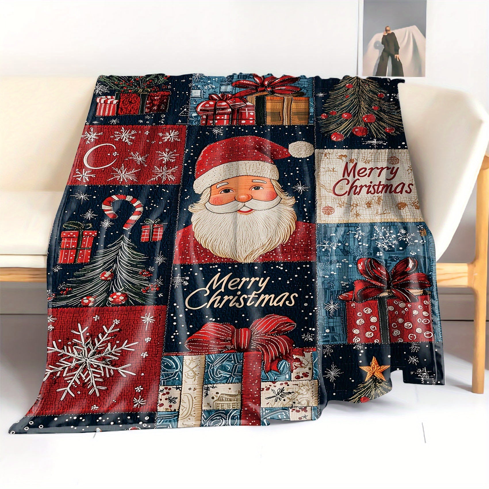 Mid-Century Style Christmas Patchwork Flannel Throw Blanket Lightweight Cozy Sofa Bed Decor