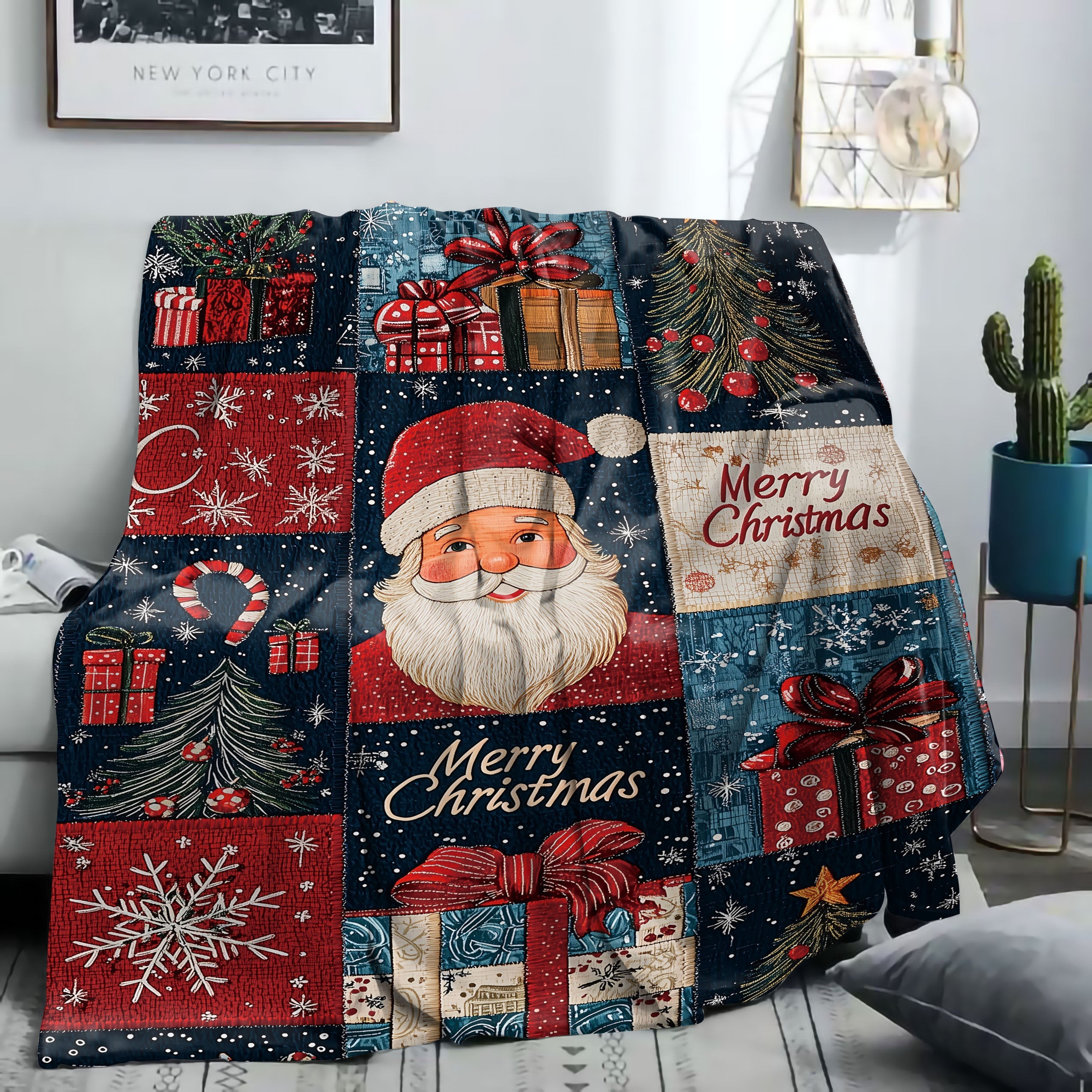 Mid-Century Style Christmas Patchwork Flannel Throw Blanket Lightweight Cozy Sofa Bed Decor