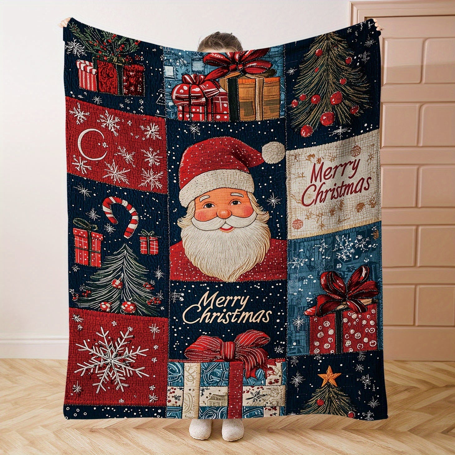 Mid-Century Style Christmas Patchwork Flannel Throw Blanket Lightweight Cozy Sofa Bed Decor