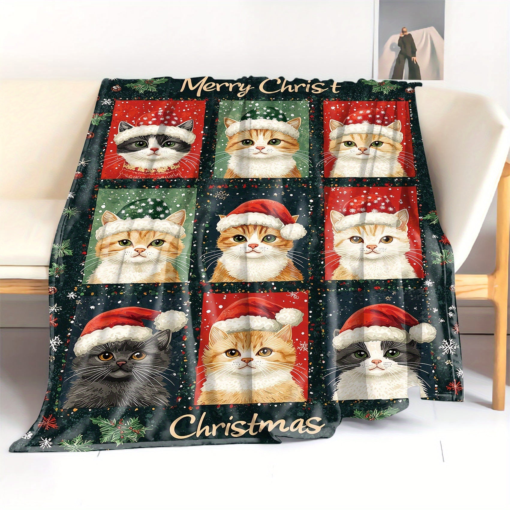 Christmas Cats Flannel Blanket Mid-Century Digital Print Cozy Throw for Bed Sofa Camping