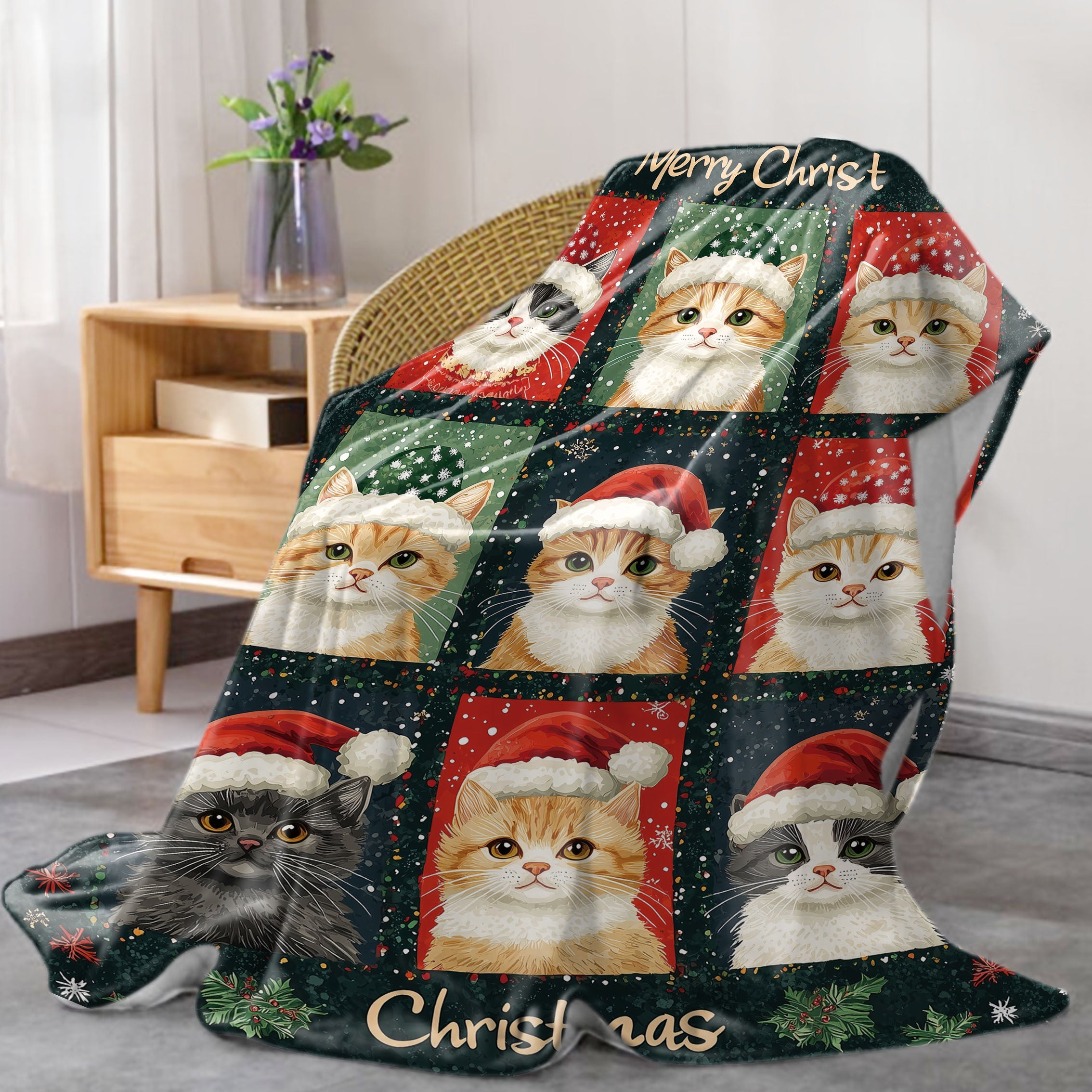 Christmas Cats Flannel Blanket Mid-Century Digital Print Cozy Throw for Bed Sofa Camping