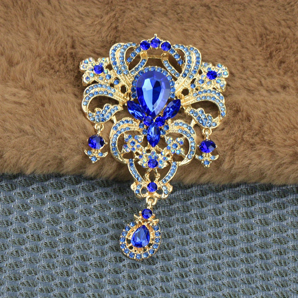 Women's Enamel Rhinestone Flower Brooch with Glass Pendant Elegant Vintage Jewelry