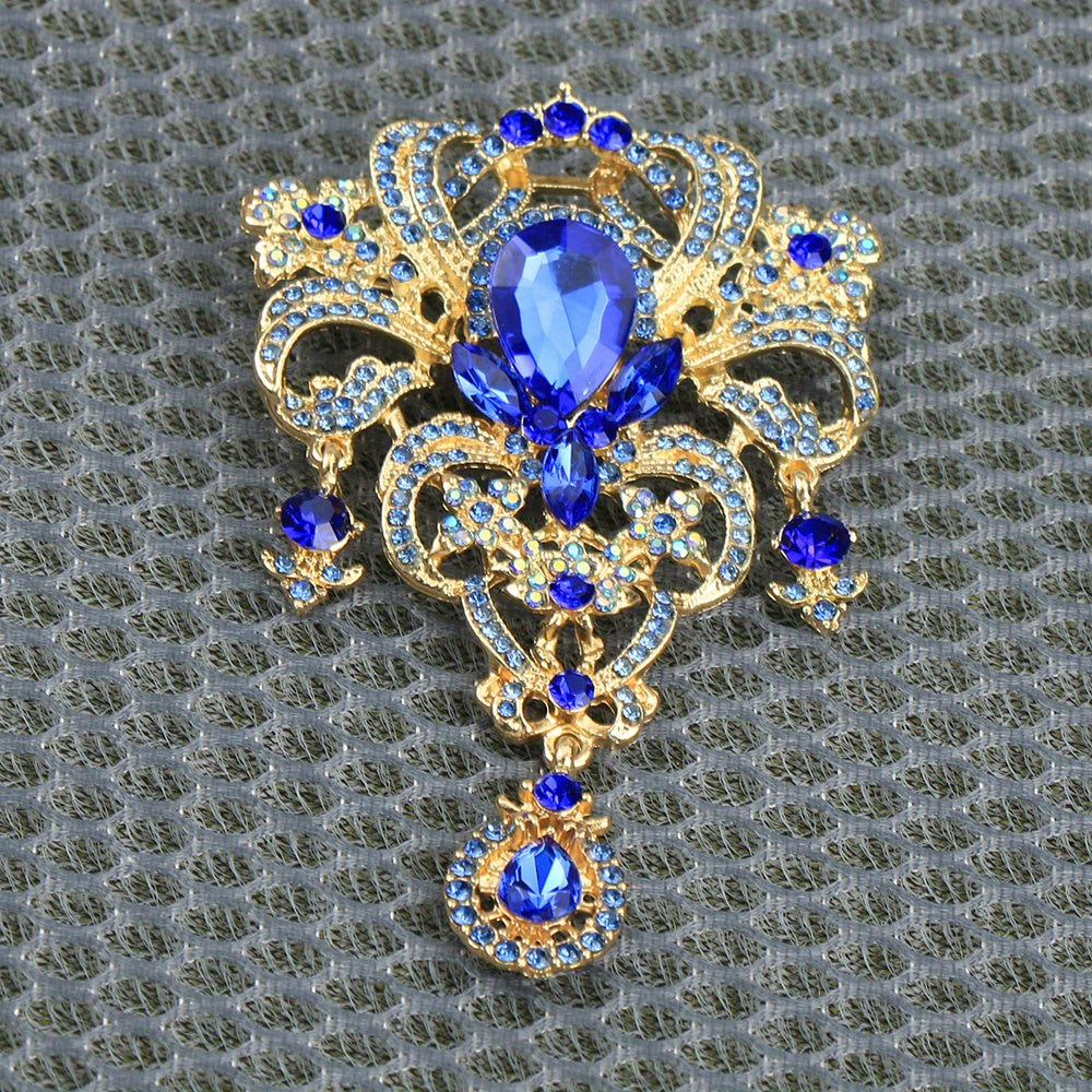 Women's Enamel Rhinestone Flower Brooch with Glass Pendant Elegant Vintage Jewelry