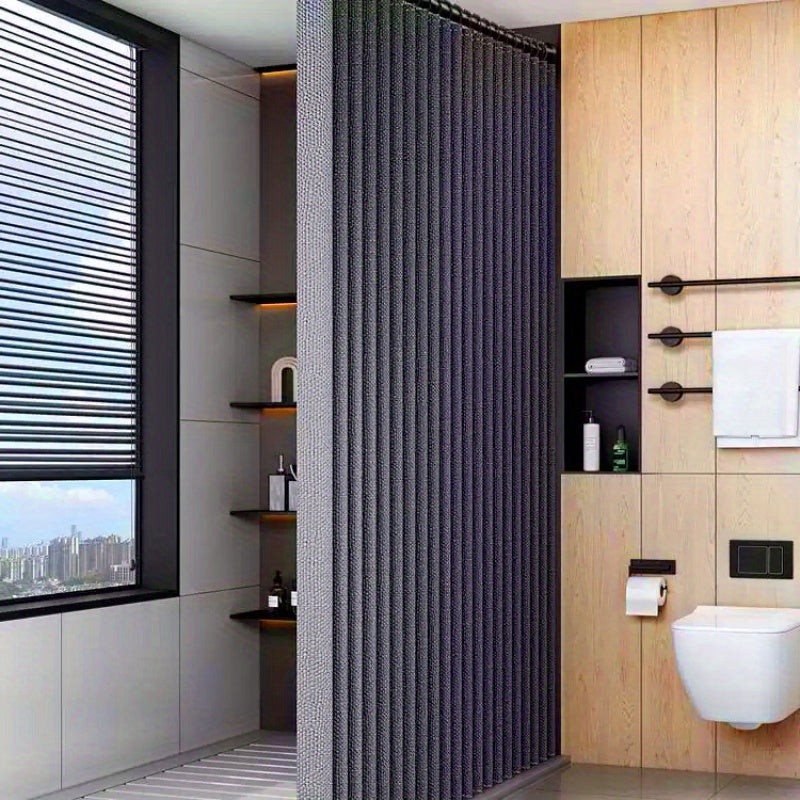 Shahar mavzusidagi suv o'tkazmaydigan sun'iy kətan dush pardasi, tutqichlar va magnit halqa bilan, faqat qo'l bilan yuvish, qisman astarlangan, oddiy to'qima, barcha mavsumlar uchun mos, hammom va mehmonxonalar uchun nam/quruq ajratish uchun ideal.