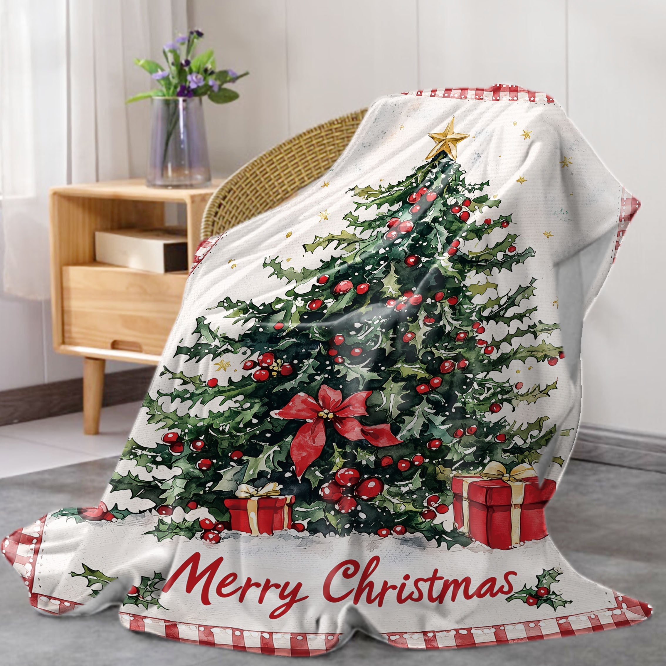 Flannel Throw Blanket Christmas Tree Design Soft Knitted Polyester All-Season Cozy