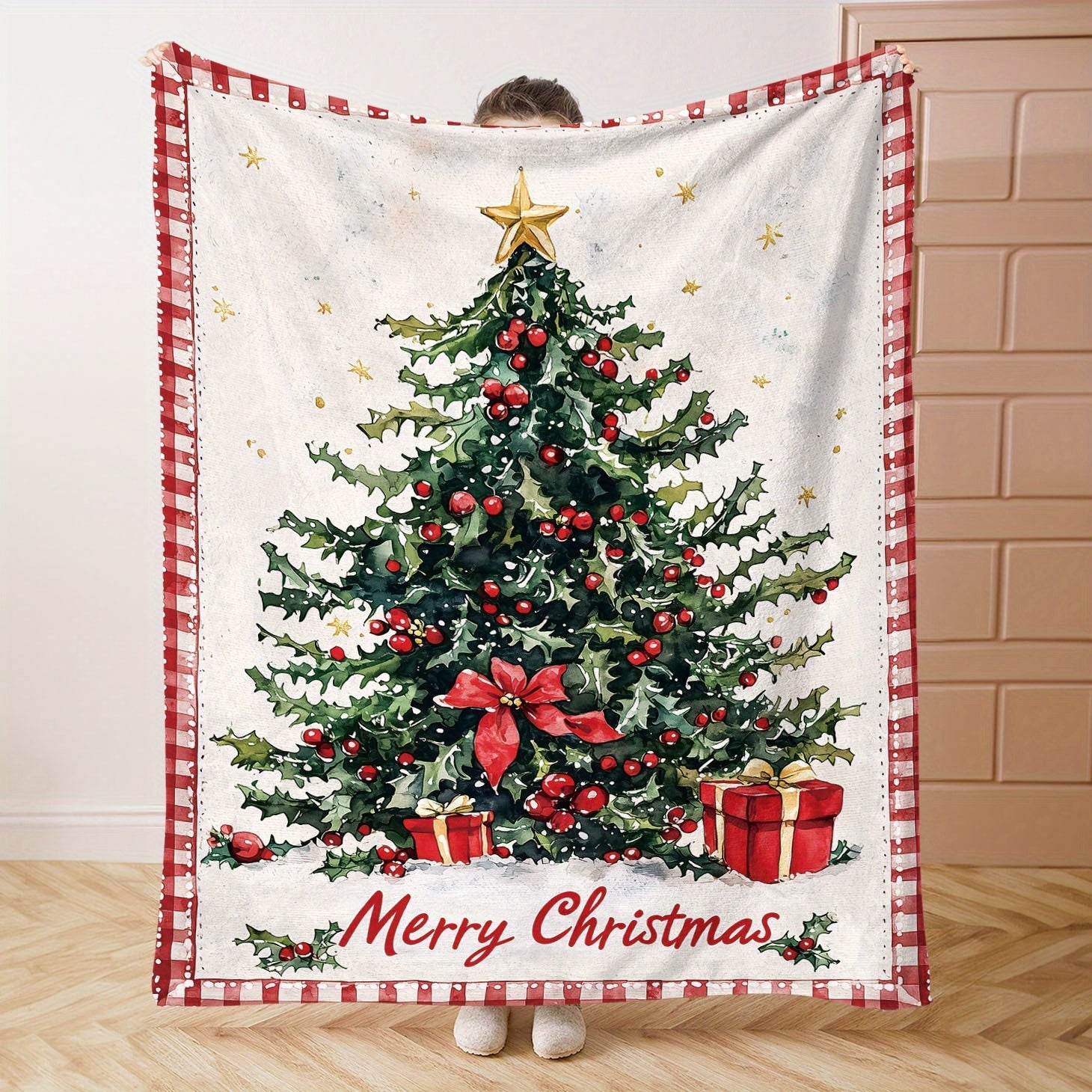 Flannel Throw Blanket Christmas Tree Design Soft Knitted Polyester All-Season Cozy