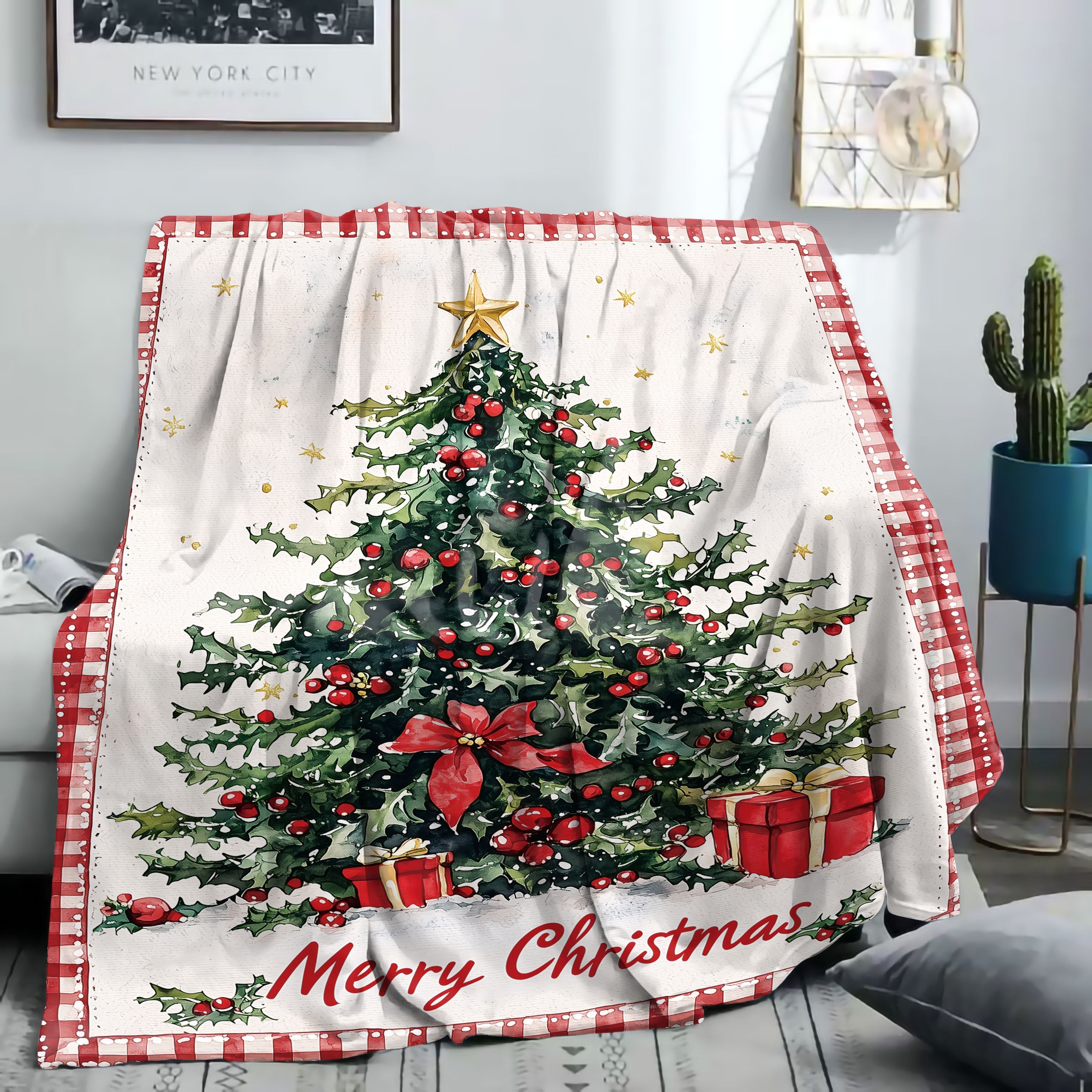 Flannel Throw Blanket Christmas Tree Design Soft Knitted Polyester All-Season Cozy