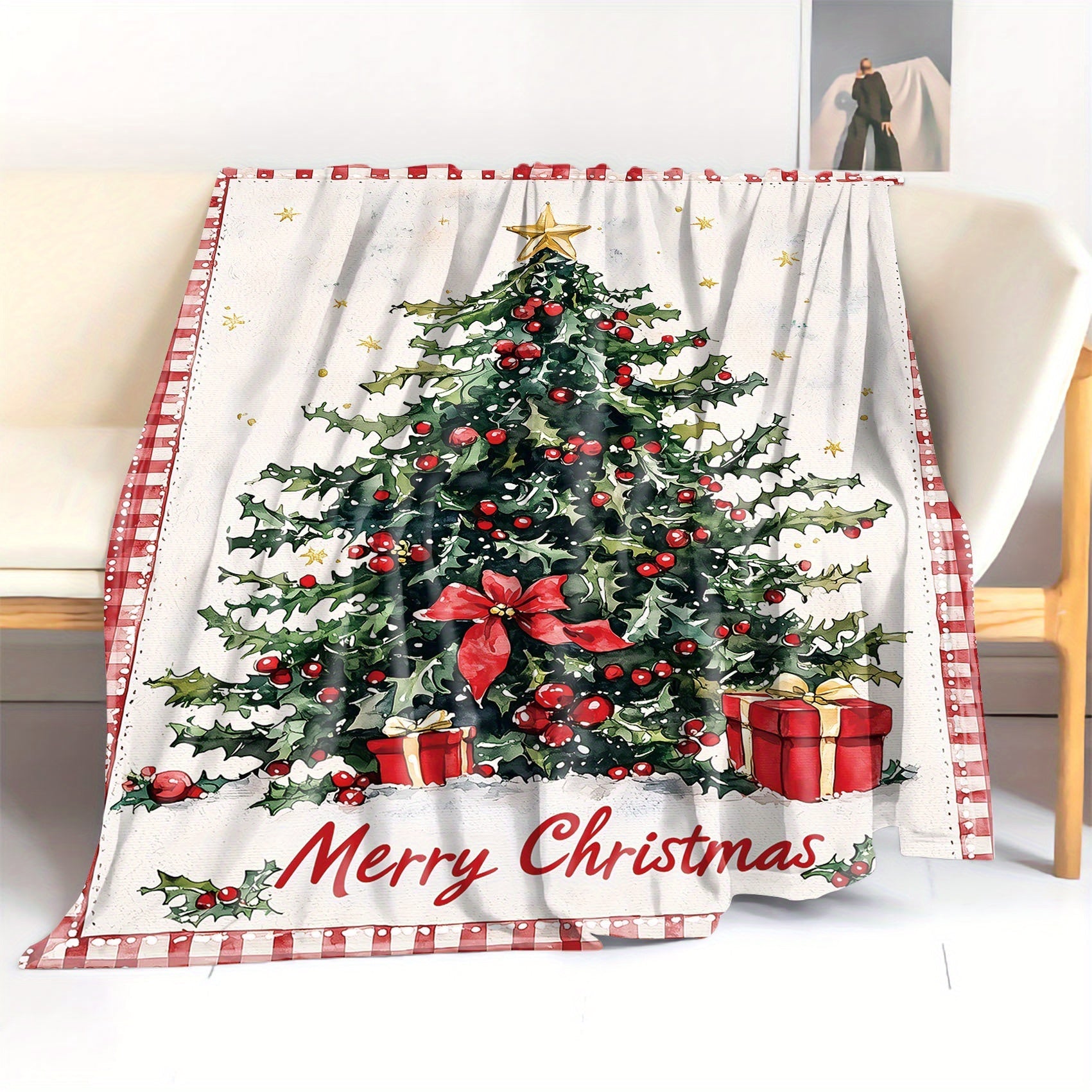 Flannel Throw Blanket Christmas Tree Design Soft Knitted Polyester All-Season Cozy
