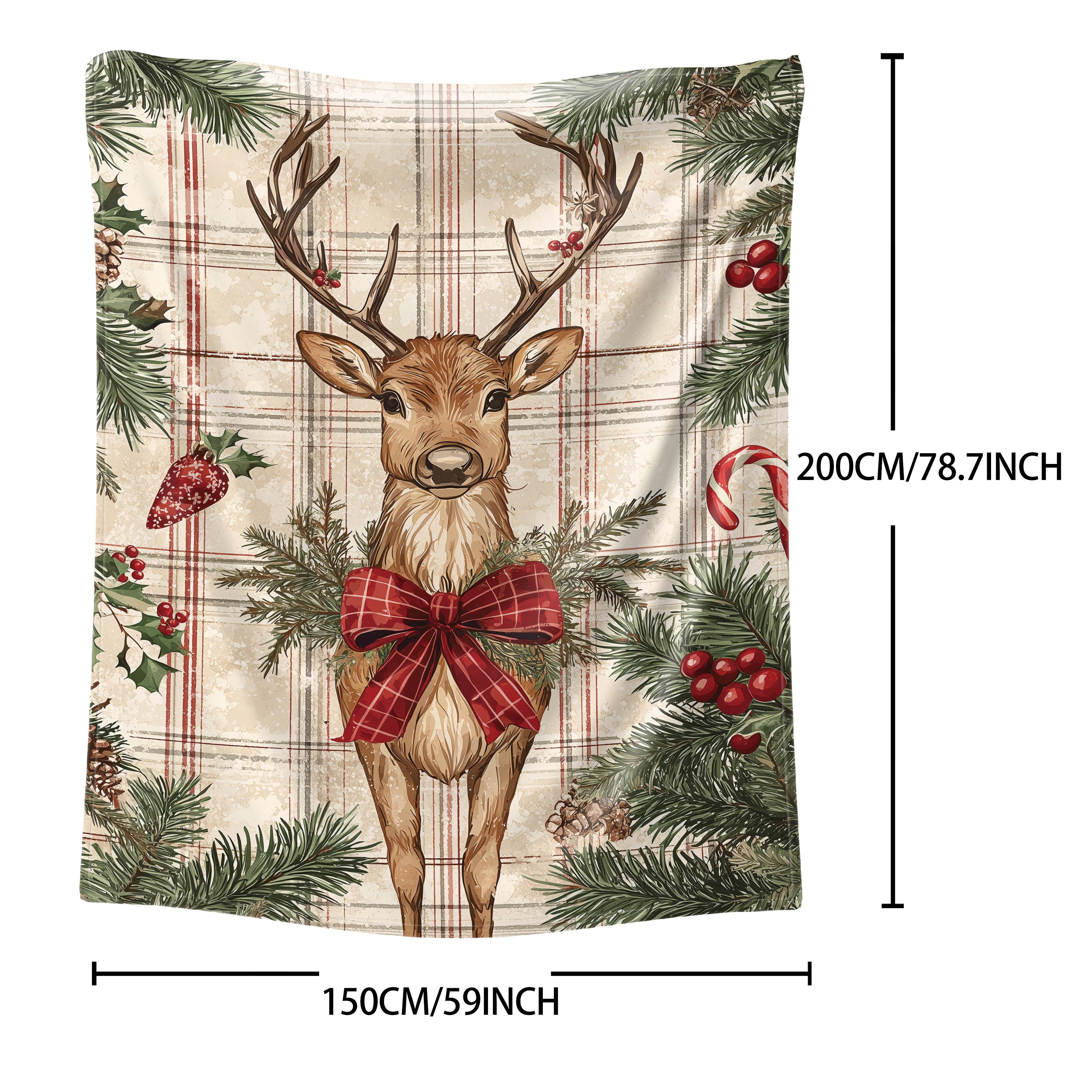 Christmas Reindeer Flannel Throw Blanket with Plaid Pattern Soft Polyester Cozy Home Sofa Bed