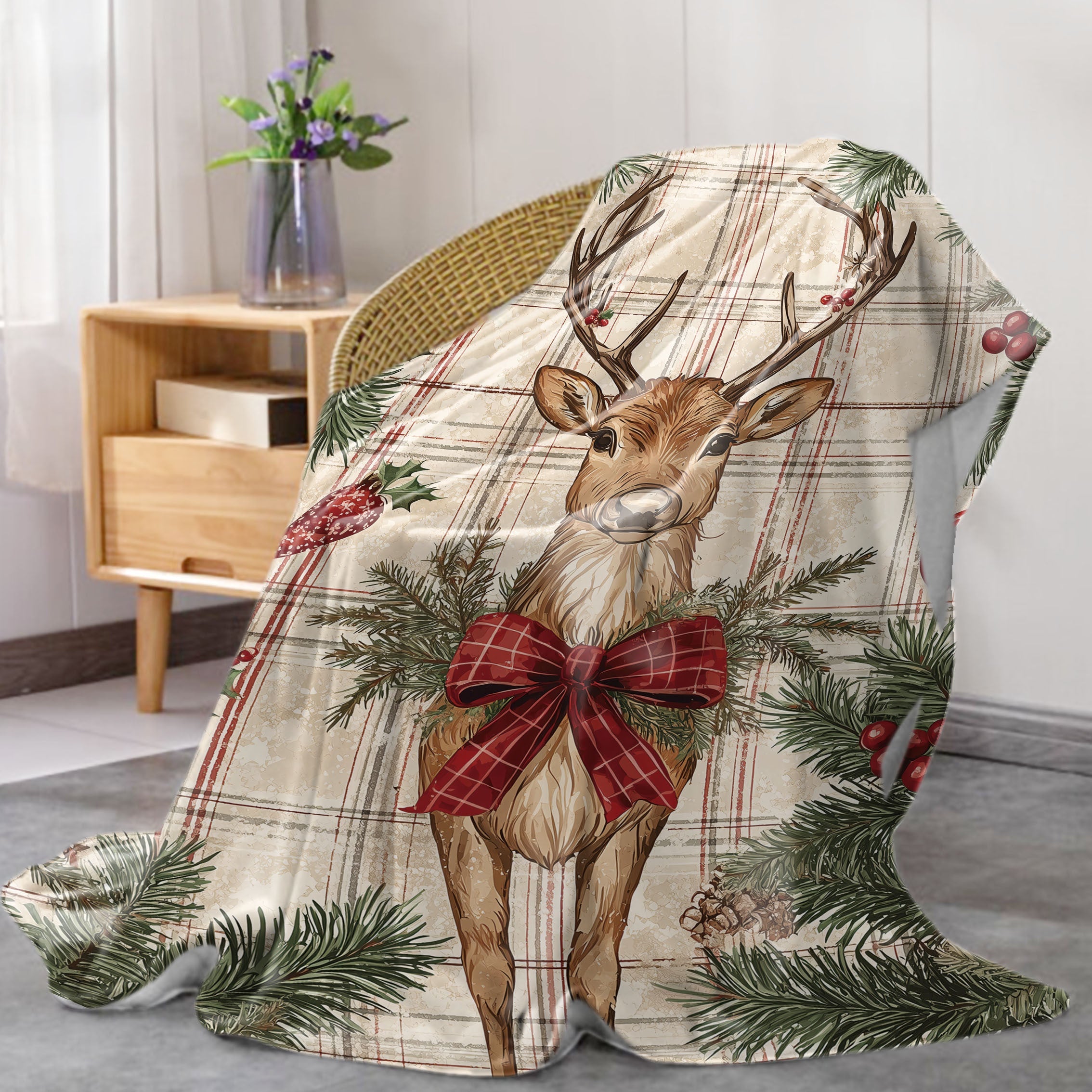 Christmas Reindeer Flannel Throw Blanket with Plaid Pattern Soft Polyester Cozy Home Sofa Bed