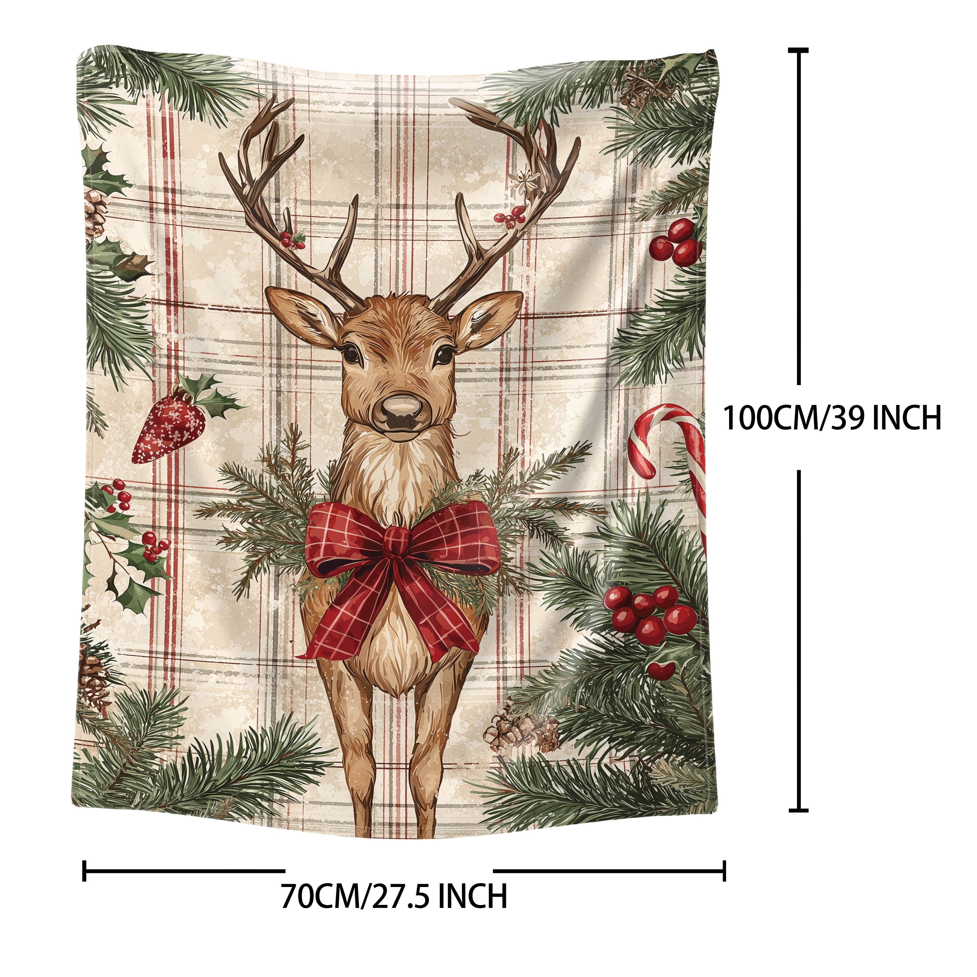 Christmas Reindeer Flannel Throw Blanket with Plaid Pattern Soft Polyester Cozy Home Sofa Bed