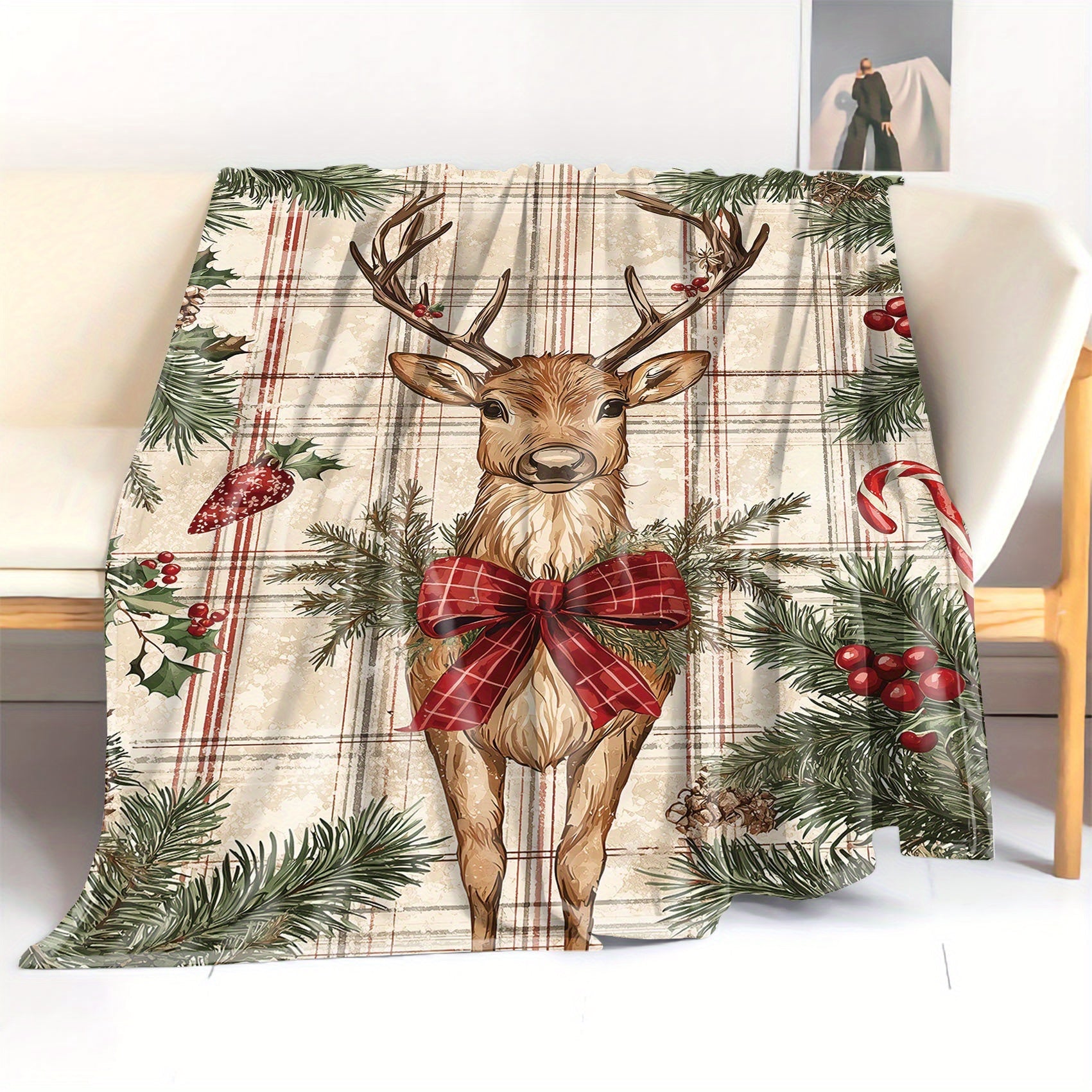 Christmas Reindeer Flannel Throw Blanket with Plaid Pattern Soft Polyester Cozy Home Sofa Bed