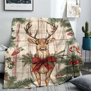 Christmas Reindeer Flannel Throw Blanket with Plaid Pattern Soft Polyester Cozy Home Sofa Bed