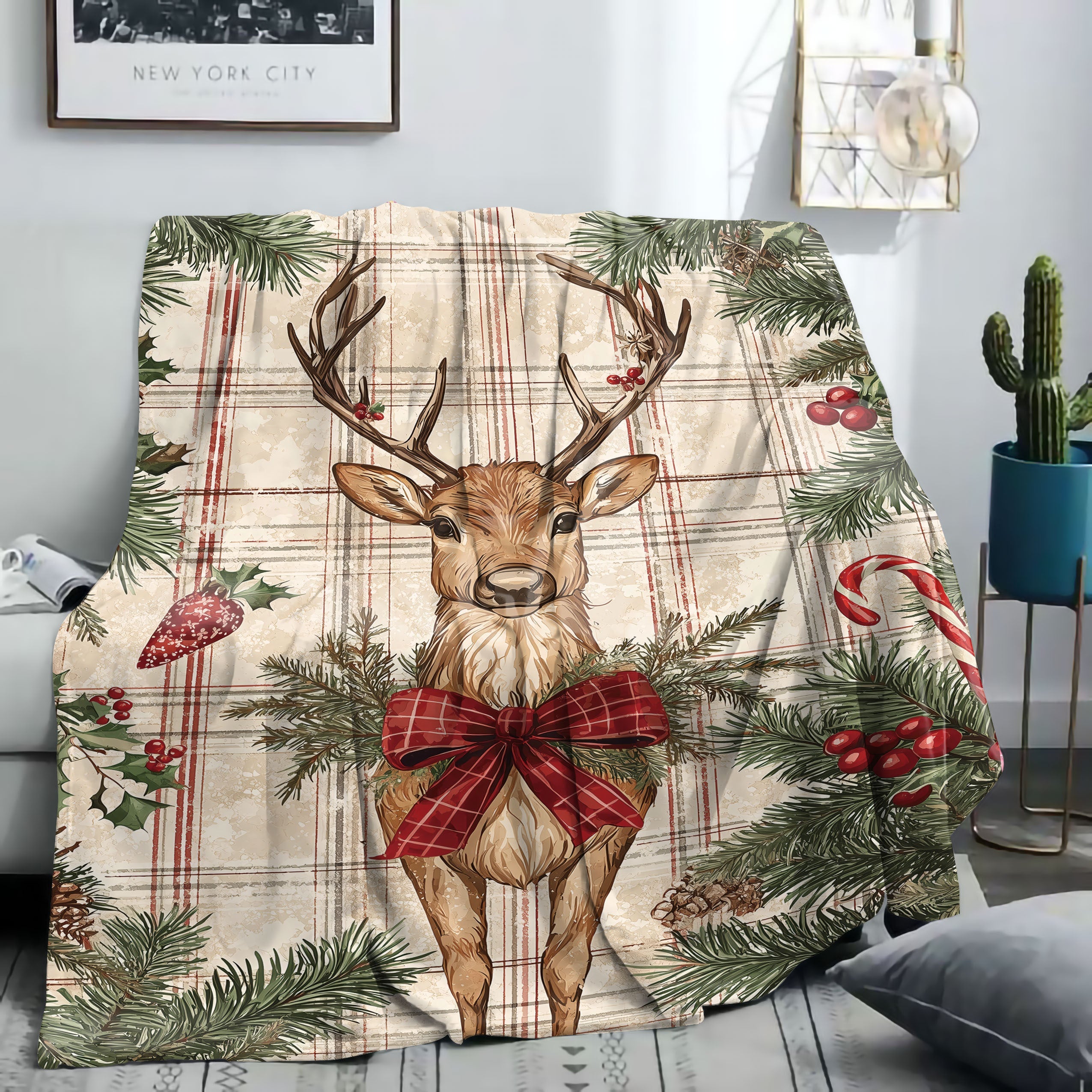Christmas Reindeer Flannel Throw Blanket with Plaid Pattern Soft Polyester Cozy Home Sofa Bed