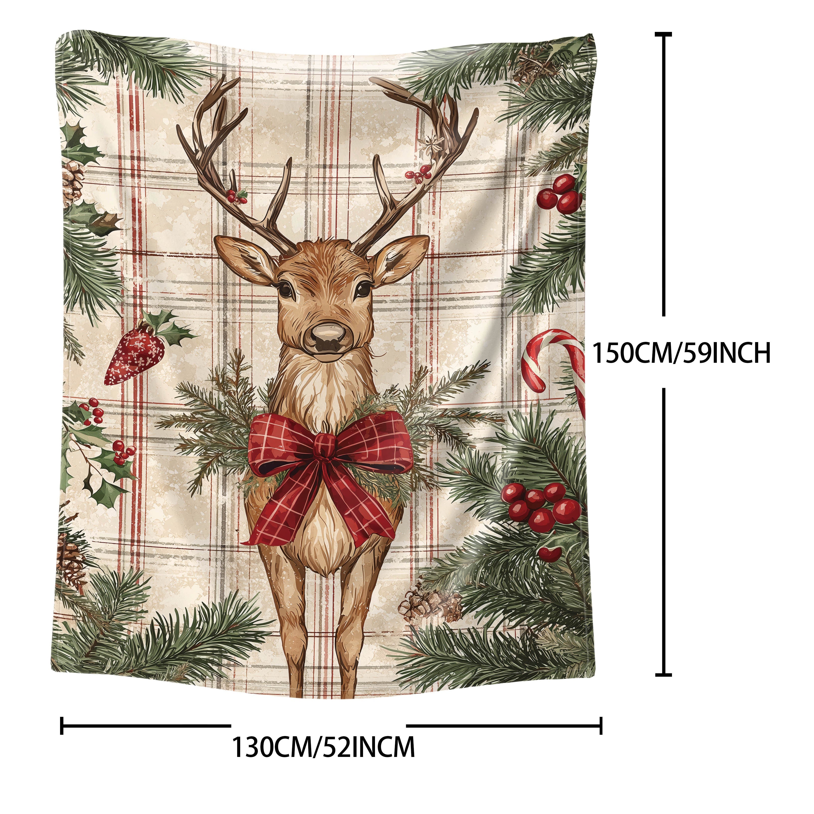 Christmas Reindeer Flannel Throw Blanket with Plaid Pattern Soft Polyester Cozy Home Sofa Bed