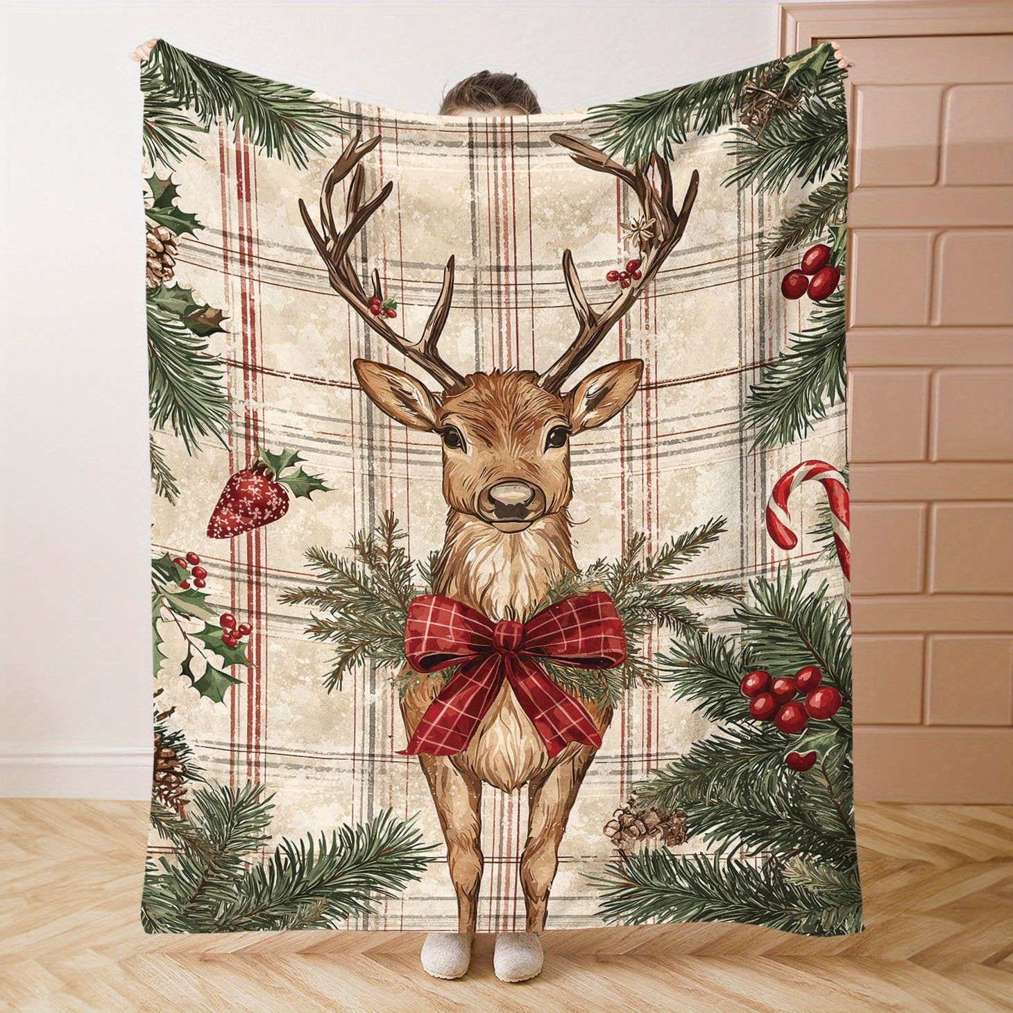 Christmas Reindeer Flannel Throw Blanket with Plaid Pattern Soft Polyester Cozy Home Sofa Bed