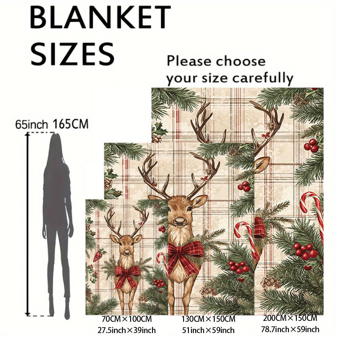 Christmas Reindeer Flannel Throw Blanket with Plaid Pattern Soft Polyester Cozy Home Sofa Bed