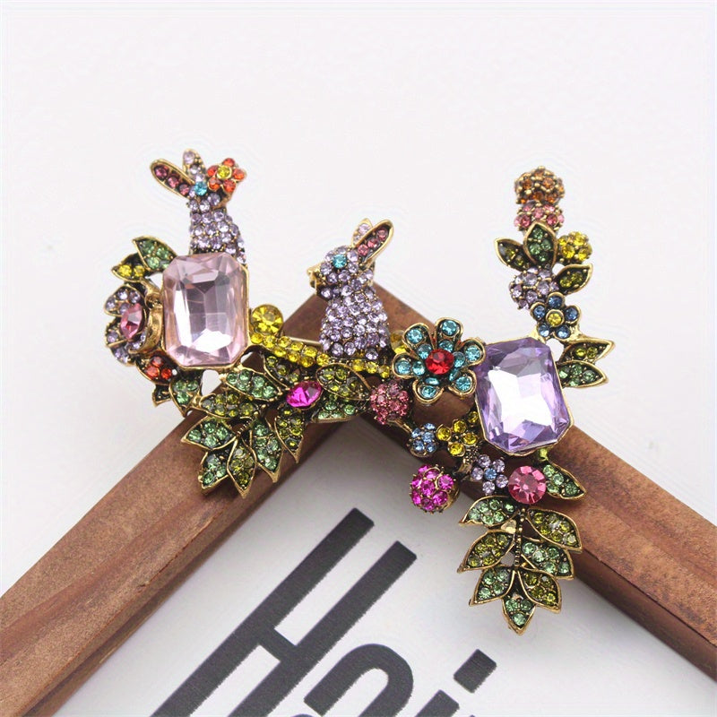 Vintage Rabbit Zodiac Brooch Enamel Rhinestones Animal Plant Corsage Pin Gift
