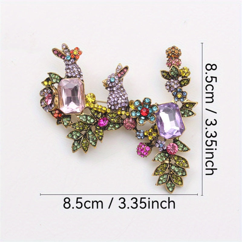 Vintage Rabbit Zodiac Brooch Enamel Rhinestones Animal Plant Corsage Pin Gift