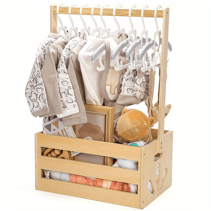 Wooden Nursery Storage Organizer with Hanging Rod for Clothes Toys and Diapers