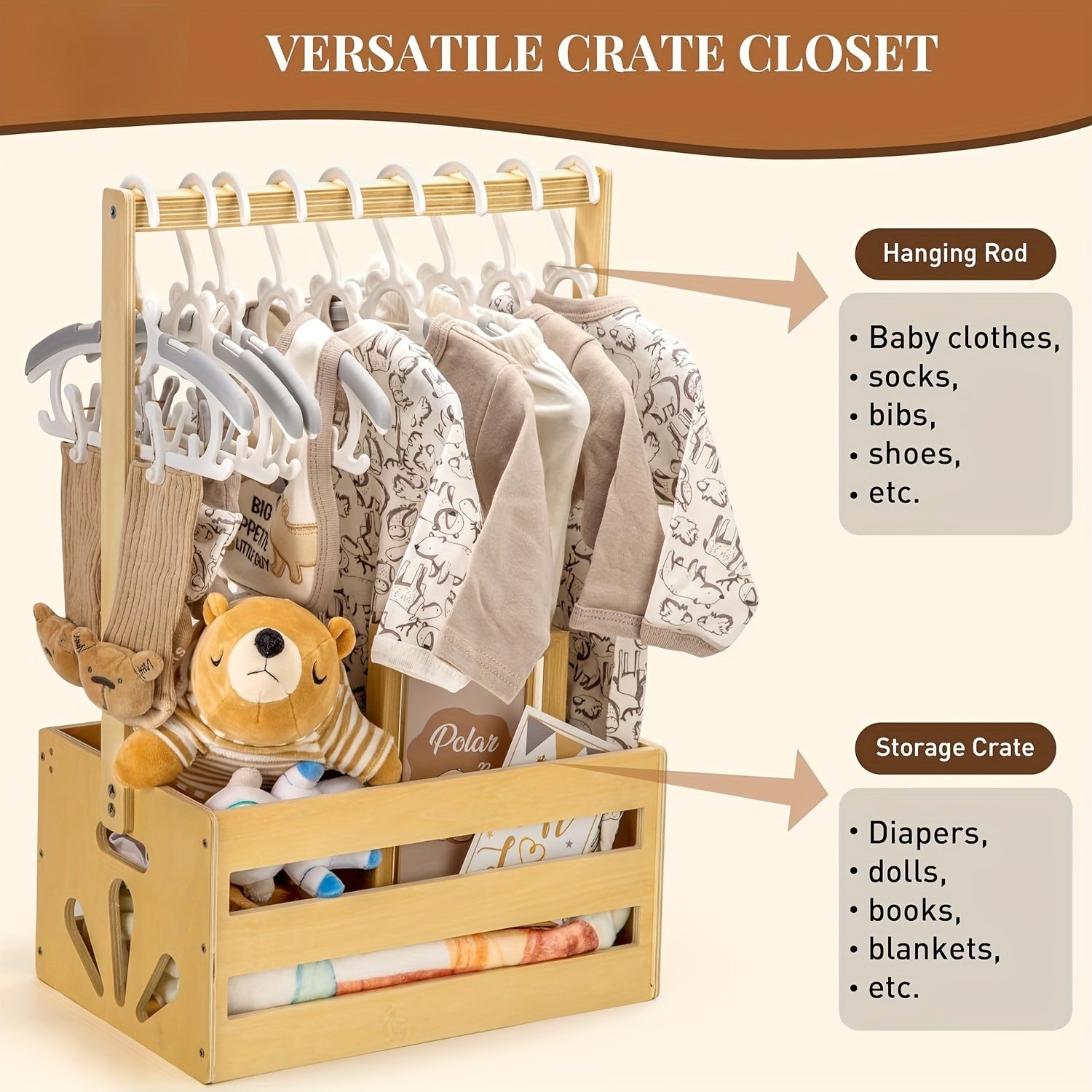 Wooden Nursery Storage Organizer with Hanging Rod for Clothes Toys and Diapers