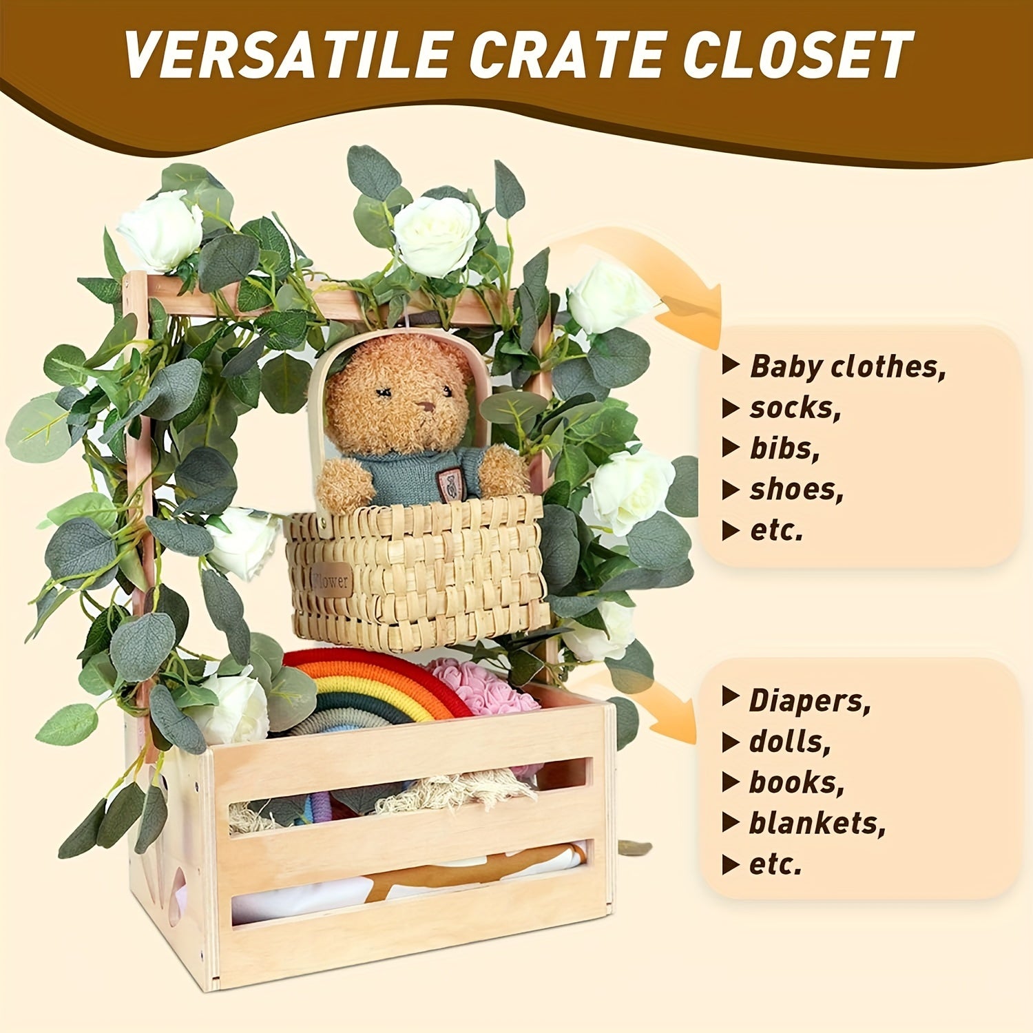 Bolalar xonasi shkafi uchun osma tayoq bilan sariq yog'och saqlash tashkilotchisi. Kiyimlar, o'yinchoqlar va pamperslarni ushlab turishi mumkin. Har tomonlama foydalanish mumkin bo'lgan to'rtburchak savat, sovg'a sifatida ideal.