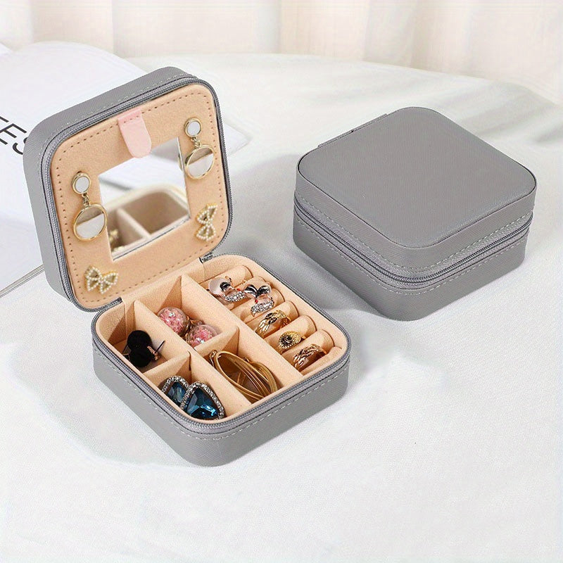 Mini Square Jewelry Box with Lock and Zipper Closure Faux Leather Interior Gift Organizer