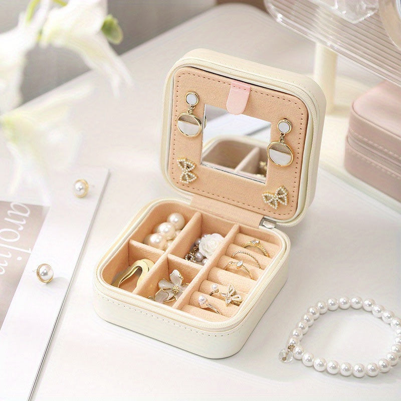 Mini Square Jewelry Box with Lock and Zipper Closure Faux Leather Interior Gift Organizer