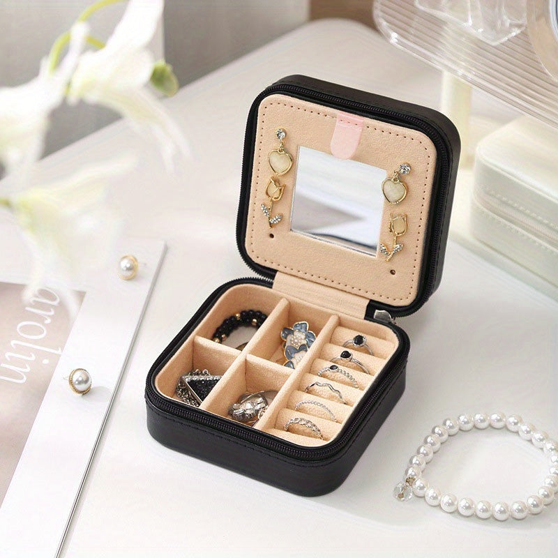 Mini Square Jewelry Box with Lock and Zipper Closure Faux Leather Interior Gift Organizer