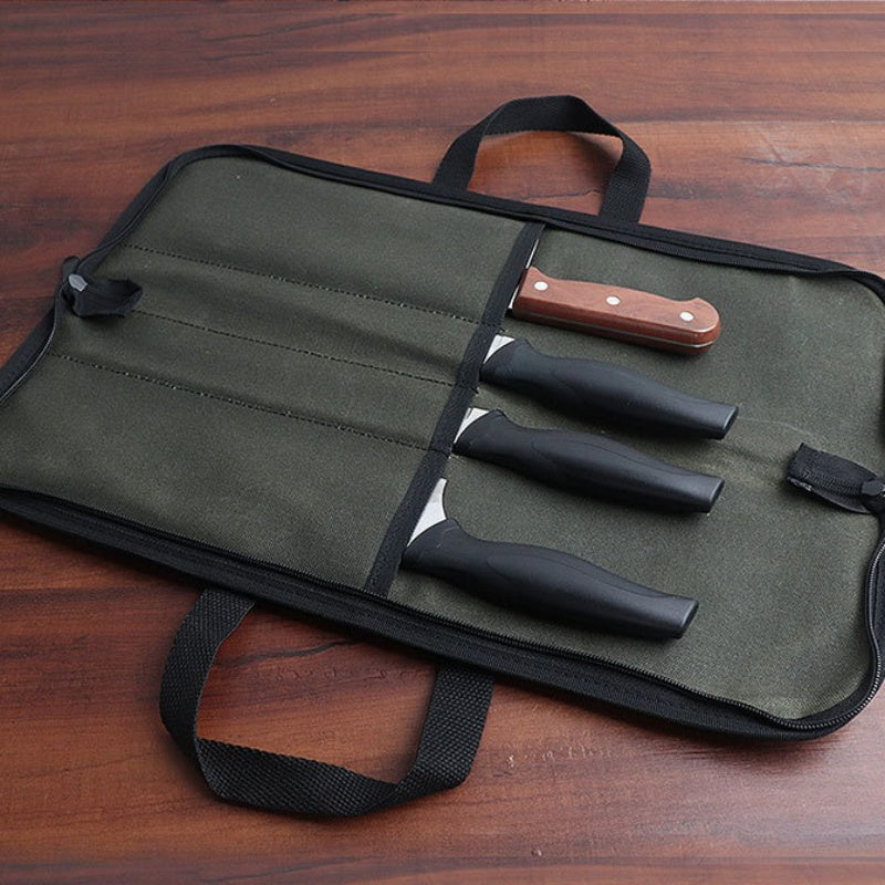 Water-Resistant Waxed Canvas Chef's Knife Roll Bag with Handle for Culinary Tools