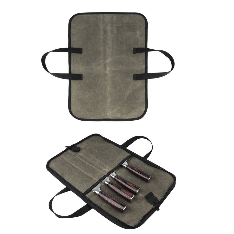 Water-Resistant Waxed Canvas Chef's Knife Roll Bag with Handle for Culinary Tools
