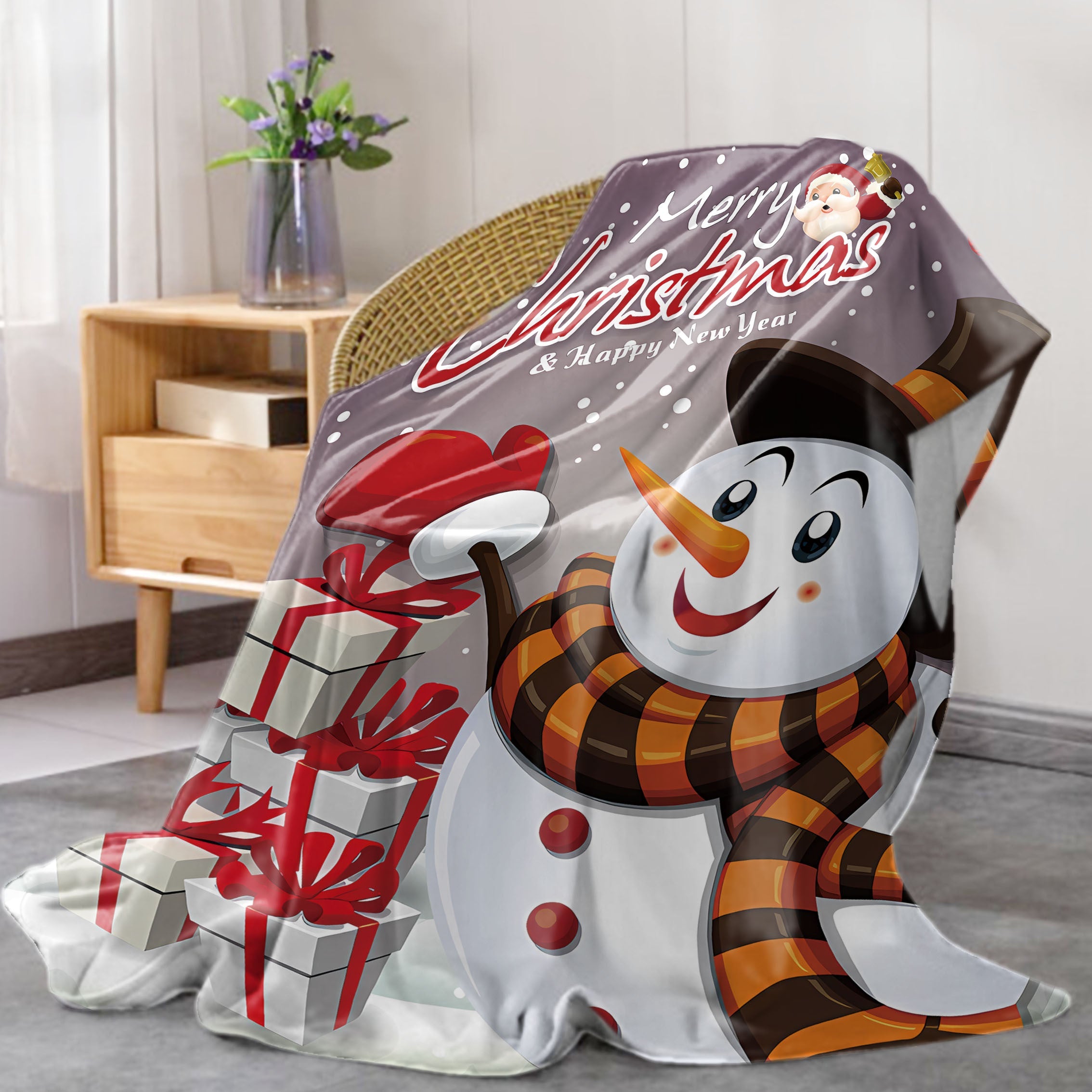Christmas Snowman Flannel Throw Blanket with Gifts and Cartoon Design for All Seasons