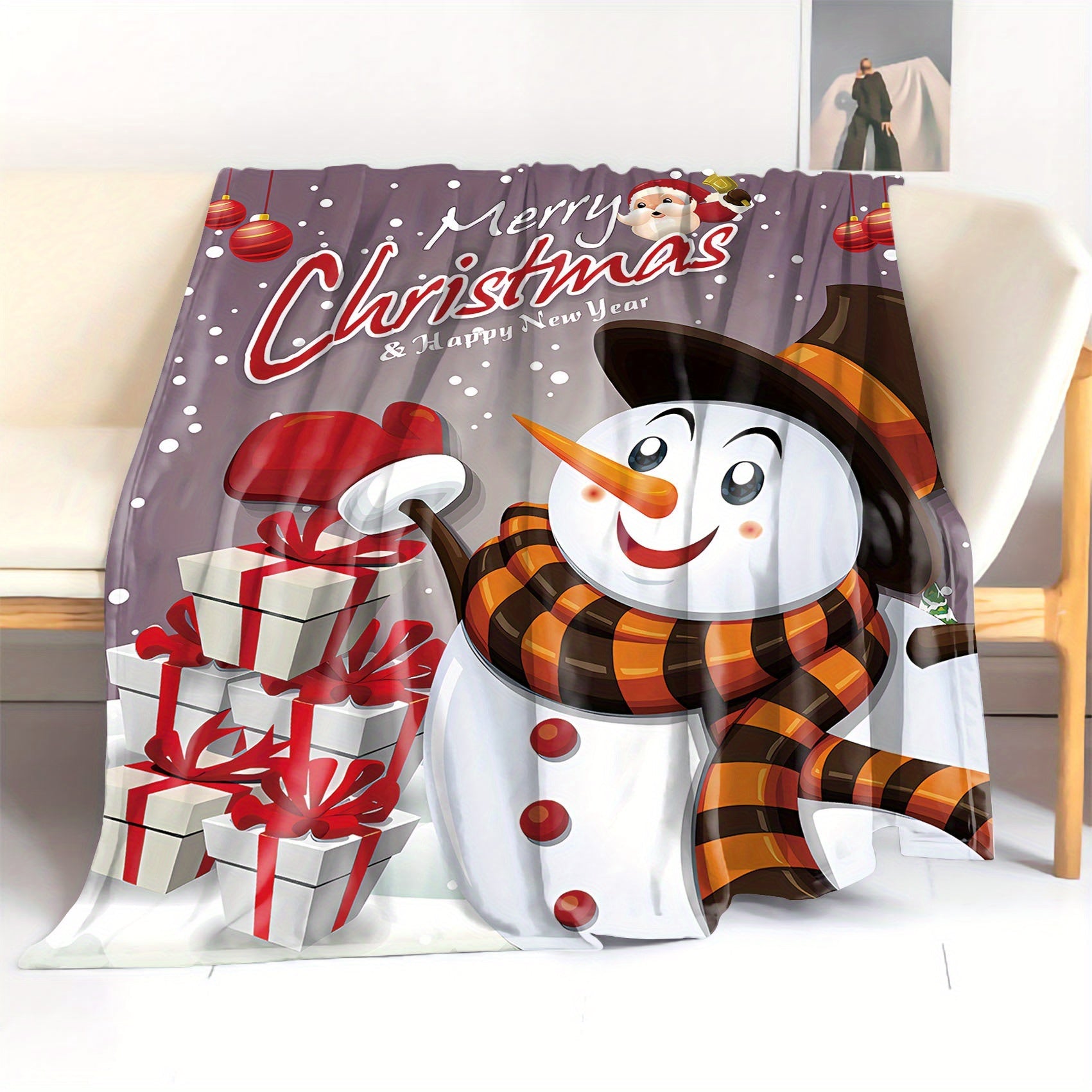 Christmas Snowman Flannel Throw Blanket with Gifts and Cartoon Design for All Seasons