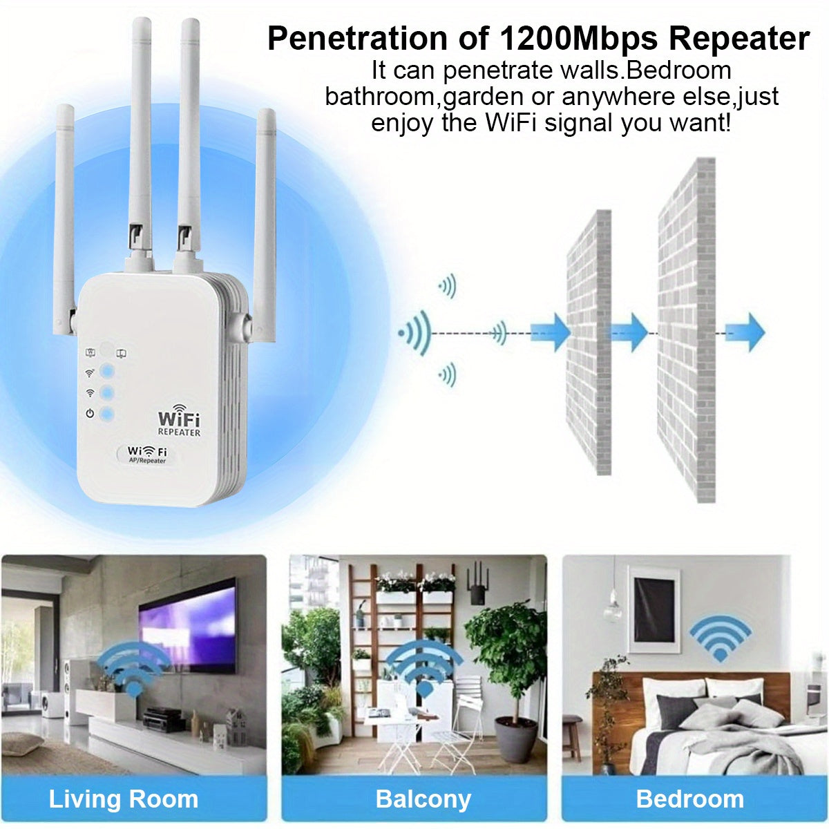 1200Mbps Dual-Band WiFi Booster 35 Devices Ethernet Port Easy Setup