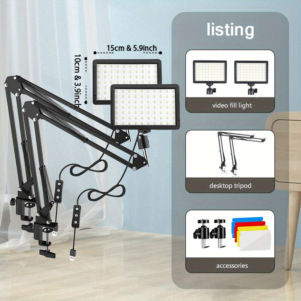 2-Pack RGB LED Video Fill Light Kit with Adjustable Scissor Arm Stand USB Powered Stainless Steel