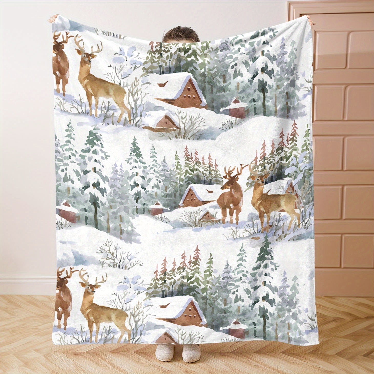Deer and Snow House Flannel Throw Blanket Soft Cozy Lightweight for Bed Sofa Office