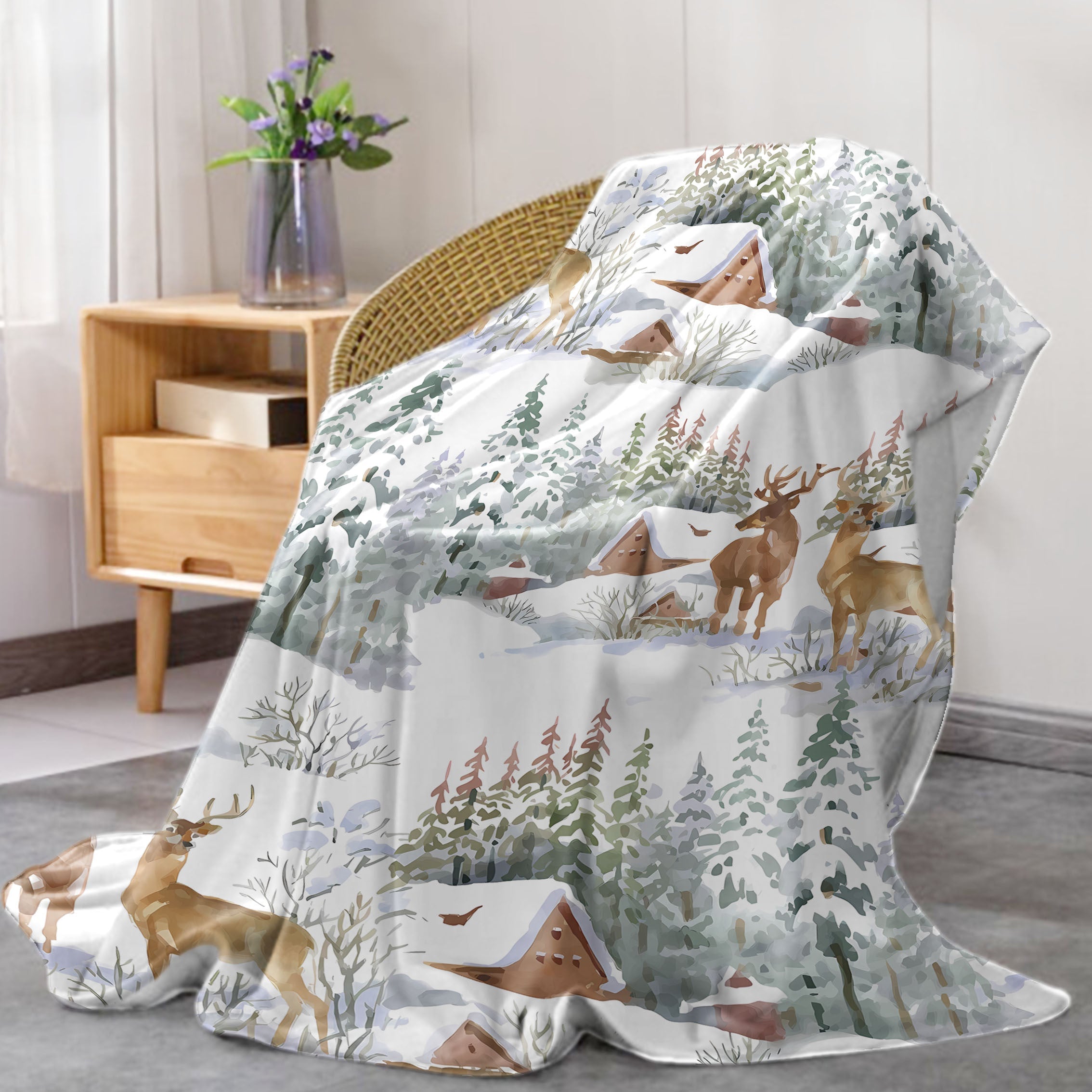 Deer and Snow House Flannel Throw Blanket Soft Cozy Lightweight for Bed Sofa Office